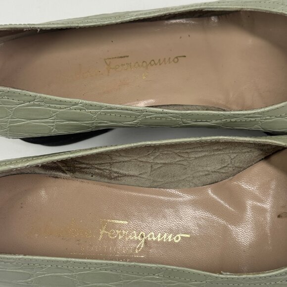 Vintage Salvatore Ferragamo Wedge Pumps Croc Embossed Leather Nile Green Sz 8.5 - Picture 14 of 16